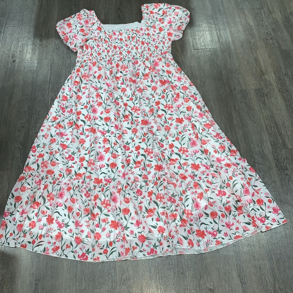 Unbranded Rose Print Smocked Midi Dress Pink Floral Short Sleeve 2XL